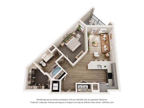 Floor plan for 1 bed, 1 bath, 778 sqft